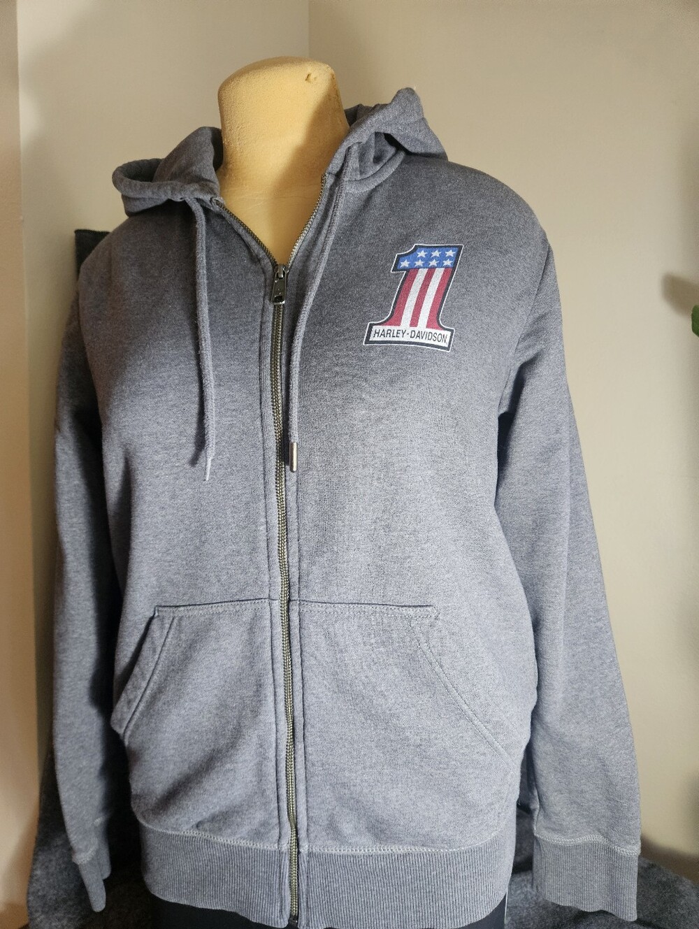 Harley-Davidson Gray Zip Hoodie with Red, White & Blue Patch. Size Medium